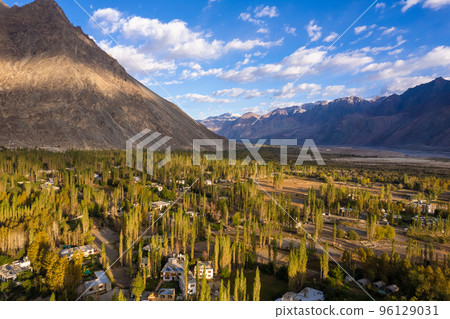 aerial view of Hunder village in Himalayas in the morning, background in Nubra Valley, Ladakh, India. 96129031