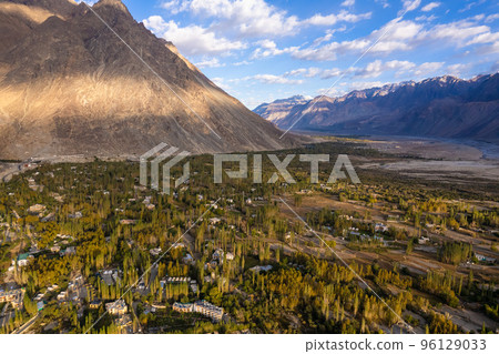 aerial view of Hunder village in Himalayas in the morning, background in Nubra Valley, Ladakh, India. 96129033