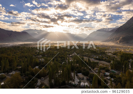aerial view of Hunder village in Himalayas in the morning, background in Nubra Valley, Ladakh, India. 96129035