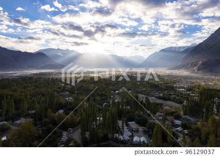aerial view of Hunder village in Himalayas in the morning, background in Nubra Valley, Ladakh, India. 96129037