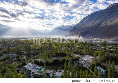 aerial view of Hunder village in Himalayas in the morning, background in Nubra Valley, Ladakh, India. 96129042