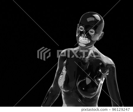 Three dimensional model. Transparent figure of a naked bald woman on a black background. Three dimensional model. Transparent figure of a naked bald woman on a black background. 96129247