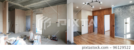 Comparison of old room with building tools and new renovated room. Photo collage of apartment before and after restoration. Concept of home renovation. 96129522