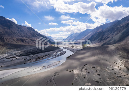 Aerial view of shyok river, part of the silk road, northern of Leh, Ladakh, Jammu and Kashmir, India. Aerial view of shyok river, part of the silk road, northern of Leh, Ladakh, Jammu and Kashmir, India. 96129779