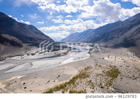 Aerial view of shyok river, part of the silk road, northern of Leh, Ladakh, Jammu and Kashmir, India. 96129783