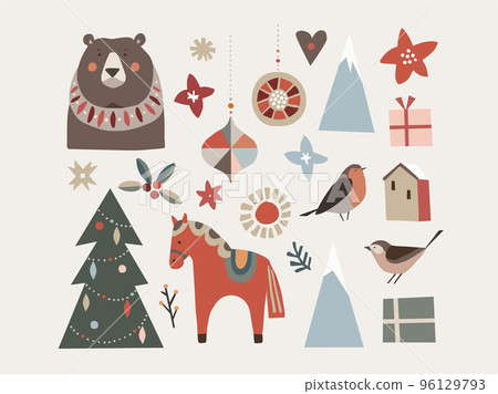 Set of Christmas Scandinavian animals and natural elements. Dala horse, finch birds, bearChristmas ornametns, tree and flowers. House with gift boxes. Nordic retro design. Isolated vector illustration Set of Christmas Scandinavian animals and natural elements. Dala horse, finch birds, bearChristmas ornametns, tree and flowers. House with gift boxes. Nordic retro design. Isolated vector illustration 96129793