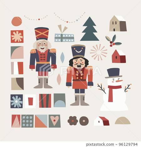 Set of Christmas Scandinavian animals, natural elements. Nutcrackers men, snowman, Christmas tree and gift box. Fireworks, gingerbread cookies. Nordic retro flat design. Isolated vector illustration. 96129794