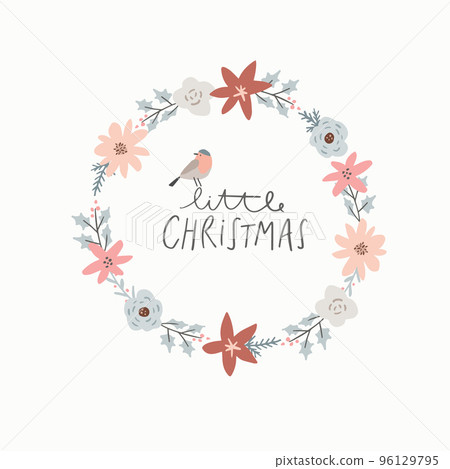 Hand drawn Christmas greeting card, invitation. Finch bird sitting on Little Christmas text, lettering. Floral wreath, garland of leaves, holly berries, branches and poinsettia flowers. Winter decor. Hand drawn Christmas greeting card, invitation. Finch bird sitting on Little Christmas text, lettering. Floral wreath, garland of leaves, holly berries, branches and poinsettia flowers. Winter decor. 96129795