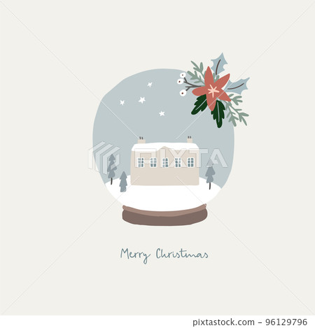 Merry Christmas, Happy New Year greeting card, invitation. Winter woodland landscape. Christmas fir trees. Falling snow in glass sphere, snow globe. House and chimney. Vector illustration background. 96129796