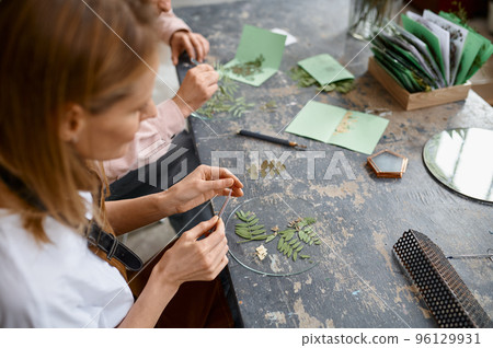 Creative artist making herbarium composition sitting at desk Creative artist making herbarium composition sitting at desk 96129931