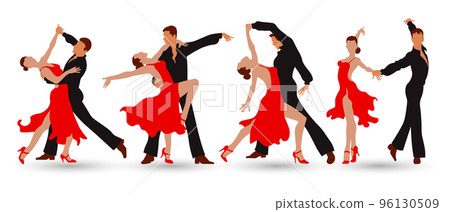 Dancing couples set. Man and woman dancing tango or waltz. Red and black design. Illustration, vector Dancing couples set. Man and woman dancing tango or waltz. Red and black design. Illustration, vector 96130509