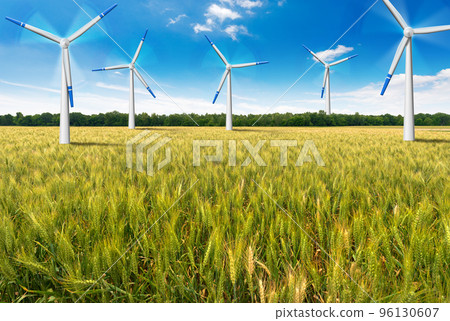 Group of Wind Turbines in a Countryside Landscape - Renewable Energy Group of Wind Turbines in a Countryside Landscape - Renewable Energy 96130607