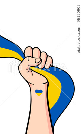 Save Ukraine demonstration, Stop War peaceful protest poster. Human arm fist with Ukrainian flag. Background vector illustration with copy space Save Ukraine demonstration, Stop War peaceful protest poster. Human arm fist with Ukrainian flag. Background vector illustration with copy space 96130902