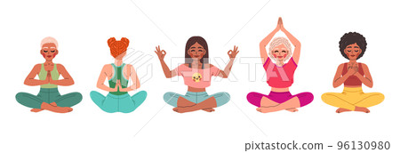 Set of young women sitting in yoga lotus pose. Meditating girl illustration. Yoga woman, meditation, anti-stress 96130980