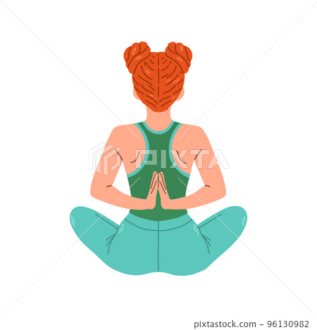 Young woman sitting in yoga lotus pose view from back. Meditating girl illustration. Yoga woman, meditation, anti-stress 96130982