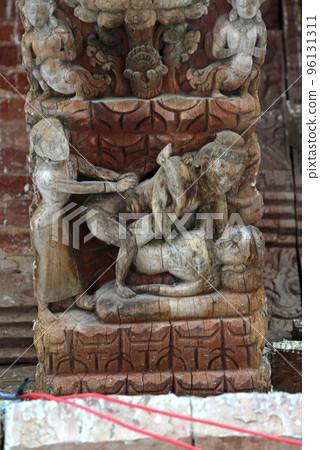 Erotic carvings on a Hindu temple in Kathmandu, Nepal. Now destroyed by the powerful earthquake that hit Nepal 96131311