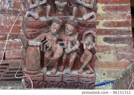 Erotic carvings on a Hindu temple in Kathmandu, Nepal. Now destroyed by the powerful earthquake that hit Nepal 96131312
