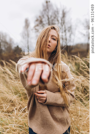 Close up outdoor portrait of young beauty blondie caucasian girl 96131489