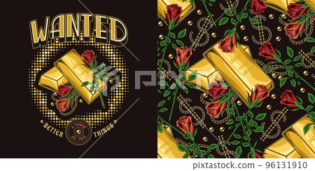 Set of emblem, pattern with gold ingots, beads, chains, roses, dollar sign. Vintage vector illustration on dark background. Treasures, luxury, rich concept. Good for clothing, textile design. Set of emblem, pattern with gold ingots, beads, chains, roses, dollar sign. Vintage vector illustration on dark background. Treasures, luxury, rich concept. Good for clothing, textile design. 96131910