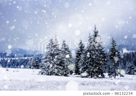 Snowfall in the winter mountains 96132234