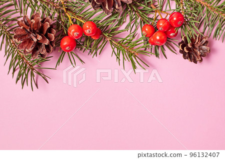 Christmas composition of fir branches, cones and rowan berries on a pink background with copy space Christmas composition of fir branches, cones and rowan berries on a pink background with copy space 96132407