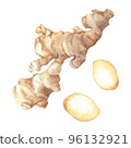 Ginger Watercolor. Isolate. Illustration for clipart. Designed for menus, culinary blogs, packaging, textiles, web design, sites, stickers, invitations, patterns, logos. Drawn by hand. 96132921