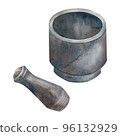 Mortar Watercolor. Isolate. Illustration for clipart. Designed for menus, culinary blogs, packaging, textiles, web design, sites, stickers, invitations, patterns, logos. Drawn by hand. 96132929