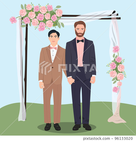 Gay newlyweds flat color vector illustration.	 96133020