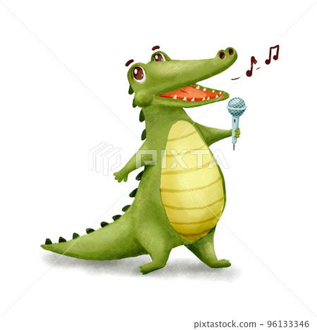 Cute Crocodile is singer. Funny Alligator with microphone isolated on white. Cartoon Illustration Animal Character singing song 96133346