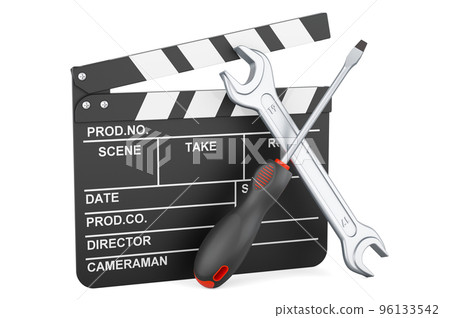 Clapperboard with screwdriver and wrench, 3D rendering Clapperboard with screwdriver and wrench, 3D rendering 96133542