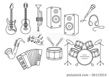 Concert musical instruments, set. Guitars, drums, saxophone, trumpet, microphone, accordion and speakers, line art. Sketch, icons, vector 96133914