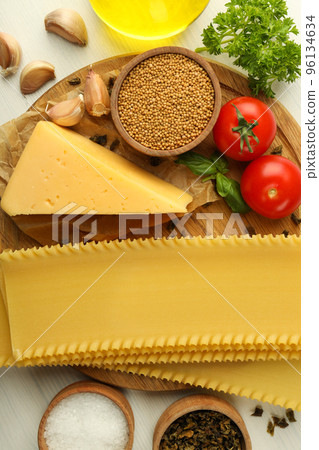 Concept of cooking, cooking lasagna, top view 96134634