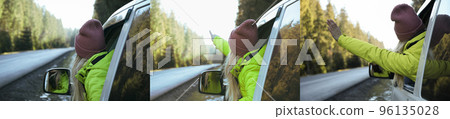 Photo collage of traveller woman looking out the window of car 96135028