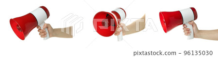Photo set of megaphone, isolated on white background Photo set of megaphone, isolated on white background 96135030