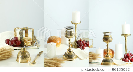 Photo collage of Eucharist concept with different accessories Photo collage of Eucharist concept with different accessories 96135032