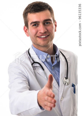 Portrait of a doctor holding out his hand as a support to a patient isolated on a white background Portrait of a doctor holding out his hand as a support to a patient isolated on a white background 96135336