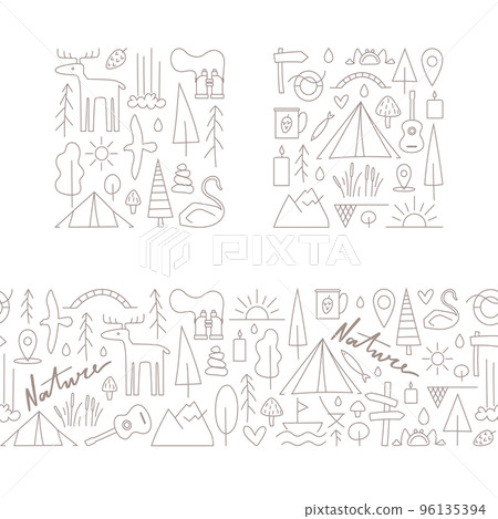 Line icons about nature, camp for design, cards, mags, merch. Seamless border with linear illustrations. 96135394