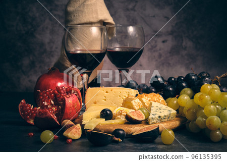 still life wine different cheeses and fruits still life wine different cheeses and fruits 96135395