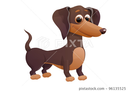 Cute dachshund puppy, standing and smiling in cartoon style, bright pet character isolated on white background. 96135525