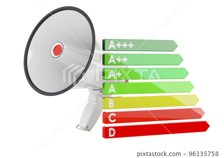 Megaphone with energy efficiency chart, 3D rendering Megaphone with energy efficiency chart, 3D rendering 96135758