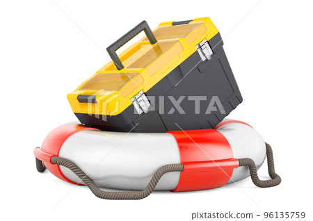Plastic toolbox with lifebelt, 3D rendering Plastic toolbox with lifebelt, 3D rendering 96135759