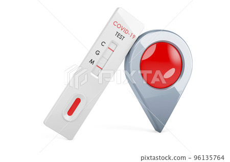 Test COVID-19 coronavirus, rapid test cassette with map pointer, 3D rendering Test COVID-19 coronavirus, rapid test cassette with map pointer, 3D rendering 96135764
