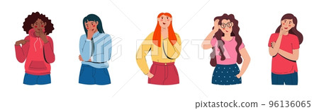 Women are thoughtful in doubts and thoughts. Confused people worry with a serious expression on their face. Vector illustration flat isolated white background 96136065