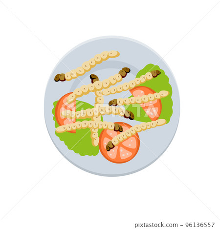 Edible caterpillar on plate. Asian dish with insects, vegetables and tomatoes with salad. White larva in restaurant with sauce Edible caterpillar on plate. Asian dish with insects, vegetables and tomatoes with salad. White larva in restaurant with sauce 96136557