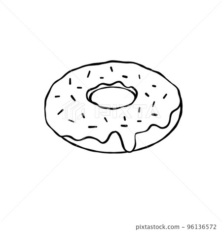 Donut with glaze. Sweet sugar dessert with icing. Outline cartoon illustration isolated on white background Donut with glaze. Sweet sugar dessert with icing. Outline cartoon illustration isolated on white background 96136572