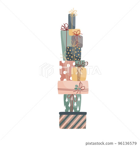 Extremely high pile of Christmas presents in pastel colors. Modern winter season poster, brochure, wall art design. Christmas greeting card. Vector illustration Extremely high pile of Christmas presents in pastel colors. Modern winter season poster, brochure, wall art design. Christmas greeting card. Vector illustration 96136579