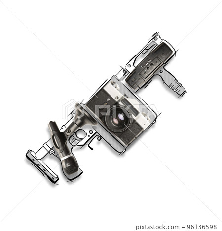 Contemporary art collage. Creative minimal design. Camera and voice recorder hidden inside weapon. Political manipulation Contemporary art collage. Creative minimal design. Camera and voice recorder hidden inside weapon. Political manipulation 96136598