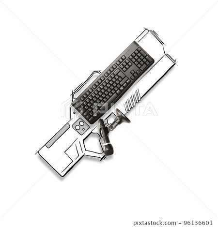 Contemporary art collage. Creative minimal design. Computer keyboard hidden inside gun meaning power of information 96136601