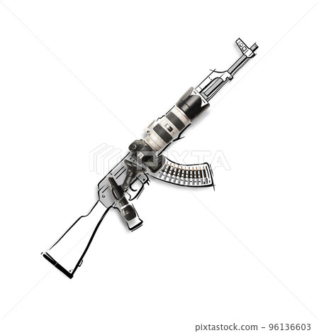 Contemporary art collage. Creative minimal design. Professional camera hidden into draw gun over white background Contemporary art collage. Creative minimal design. Professional camera hidden into draw gun over white background 96136603