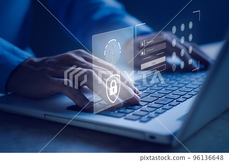 Username and password (Login) with biometric identification fingerprint scanner, encryption for technology cyber security internet and networking system. Businessman hand typing notebook (Laptop). 96136648